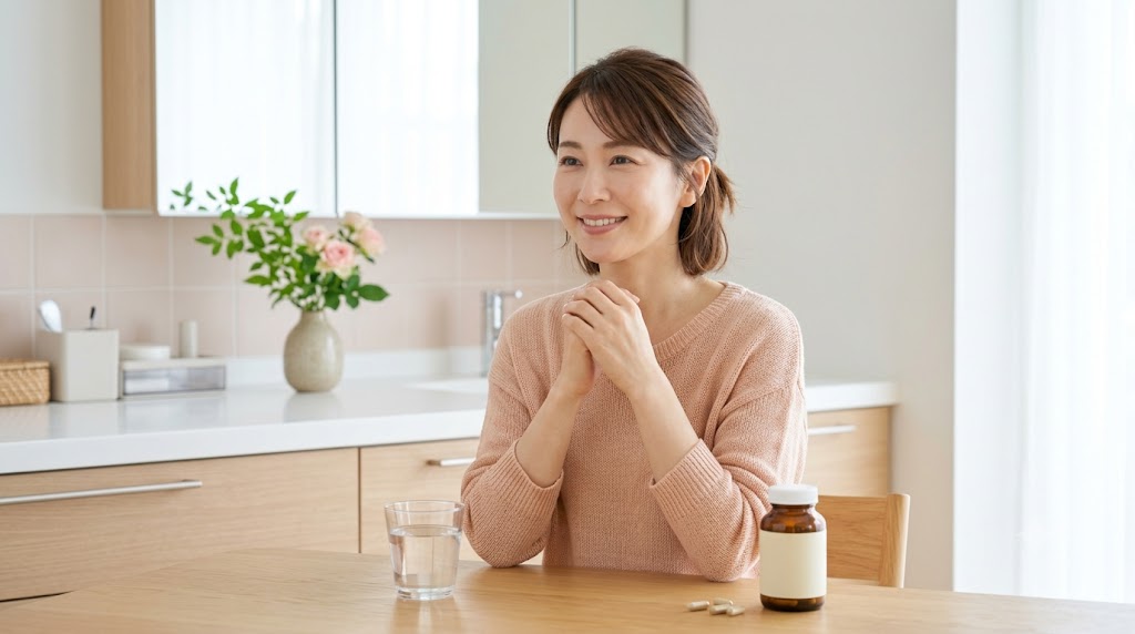 インナーケアサプリと水を用意する肌つやのよい30代・40代女性のイメージ