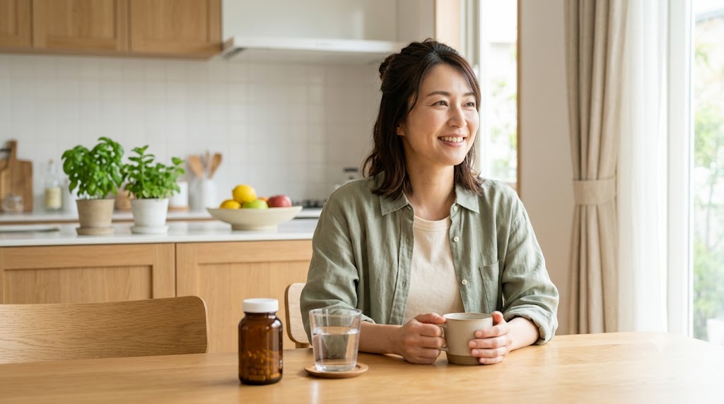 明るいキッチンで乳酸菌サプリと水を用意する30代・40代女性のイメージ
