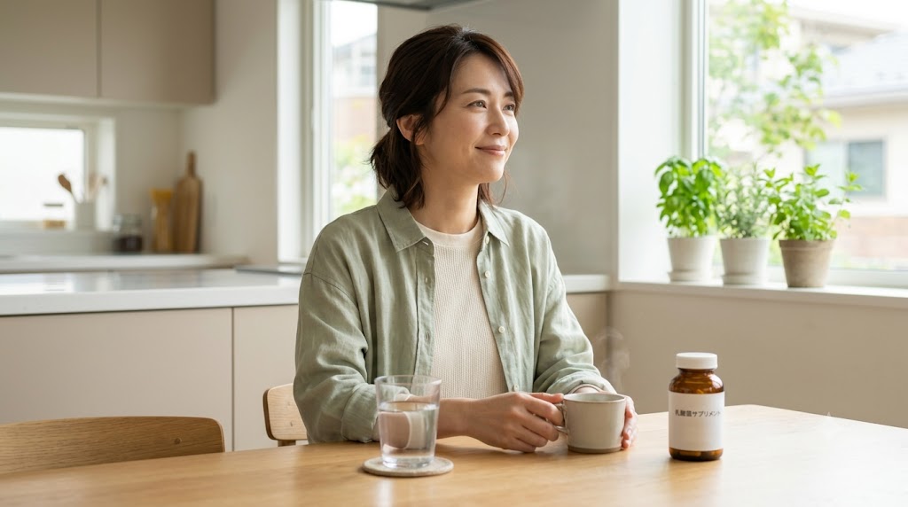 明るいキッチンで乳酸菌サプリと水を用意する30代・40代女性のイメージ