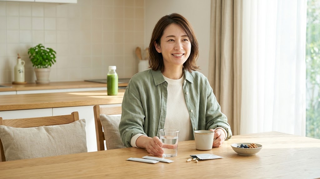明るいキッチンで水を飲む30代・40代女性のイメージ
