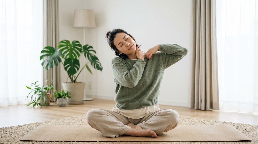 首や肩のストレッチをする30代・40代女性のイメージ