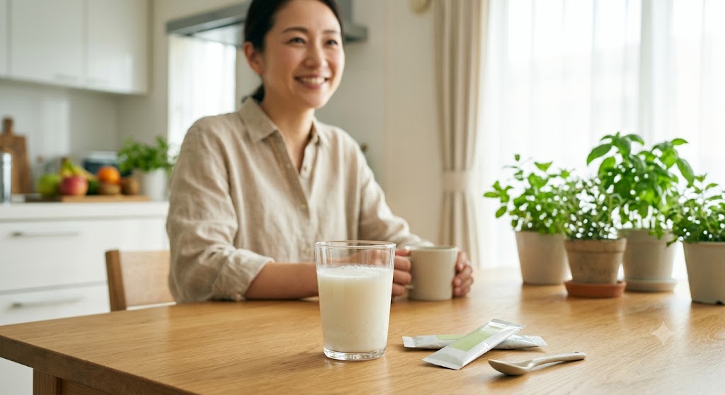 明るいキッチンでヨーグルト風味のドリンクを用意する30代・40代女性のイメージ
